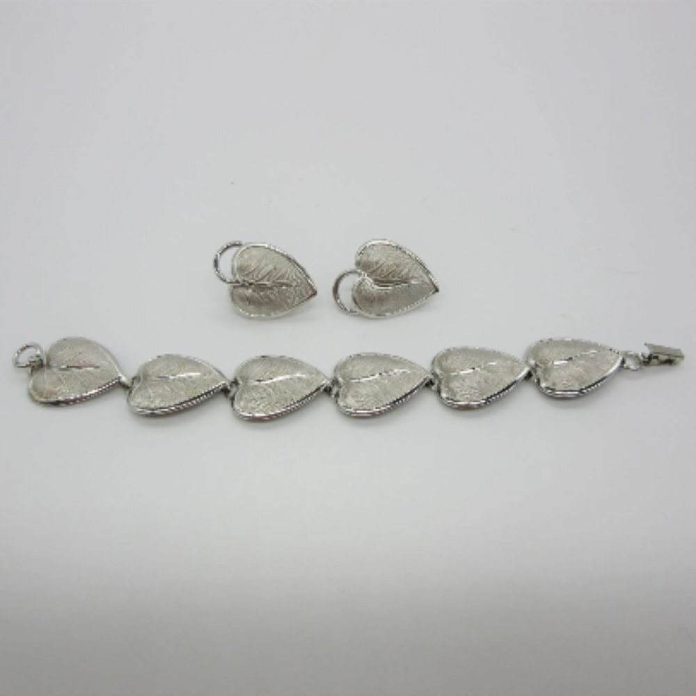 Vintage Danecraft Brushed Sterling Silver Leaf Bracelet & Matching Earrings